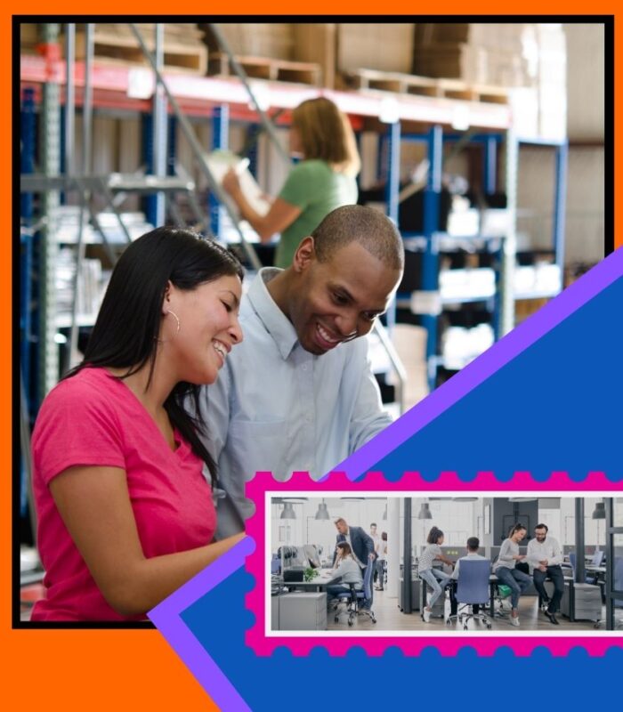 Smiling Woman and man working in a Warehouse Space?