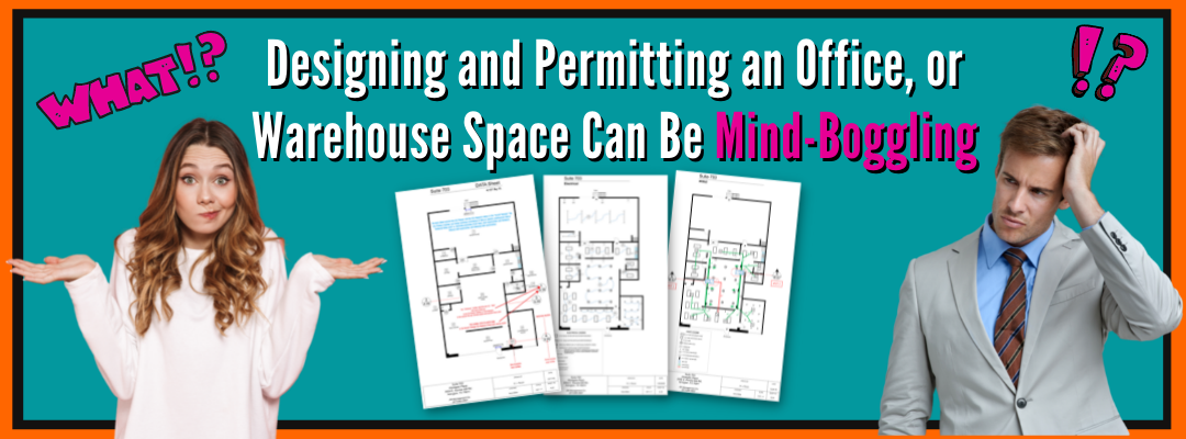 Confused People thinking about the designing and permitting process for an office, retail, or warehouse space.